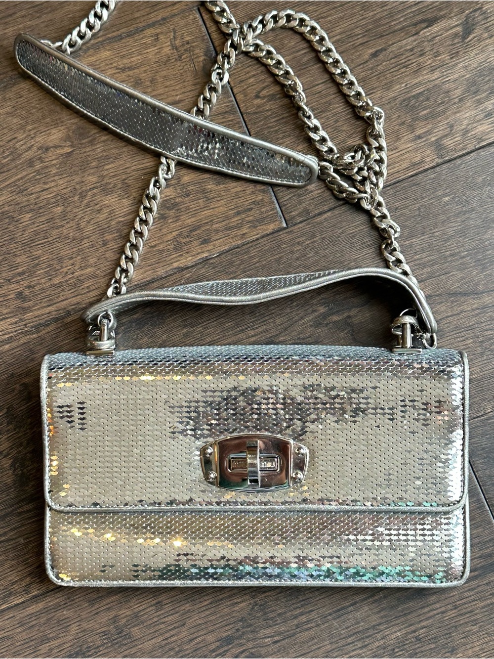 Miu Miu Silver Cleo Top Handle Chain Bag Sequins